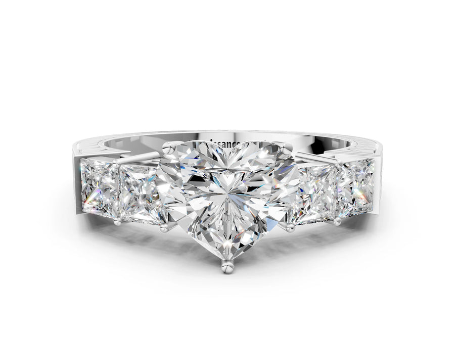 White gold Heart Solitaire Princess Side Stone Engraved Band Prong Setting Ring