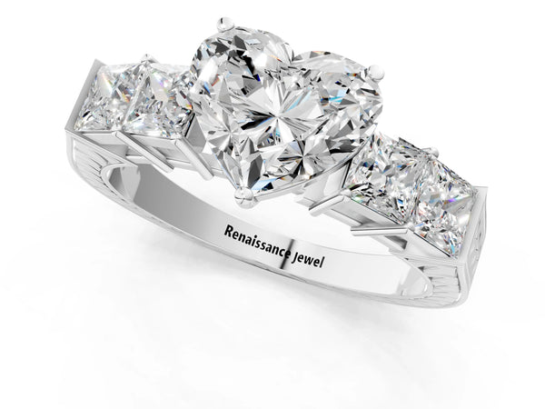 Platinum Heart Solitaire Princess Side Stone Engraved Band Prong Setting Ring
