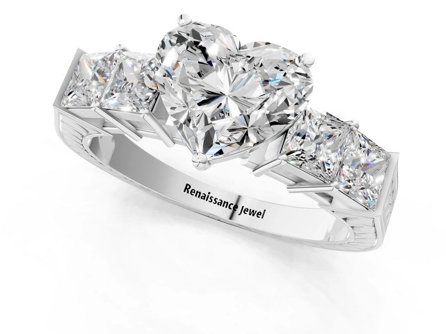 White gold Heart Solitaire Princess Side Stone Engraved Band Prong Setting Ring