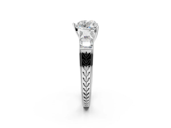 Platinum Heart Solitaire Princess Side Stone Engraved Band Prong Setting Ring