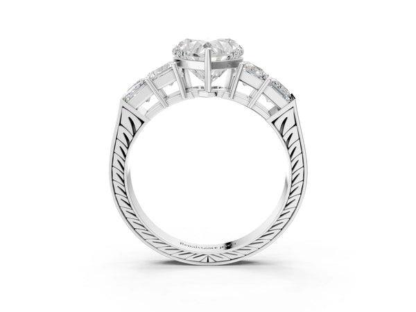 Platinum Heart Solitaire Princess Side Stone Engraved Band Prong Setting Ring