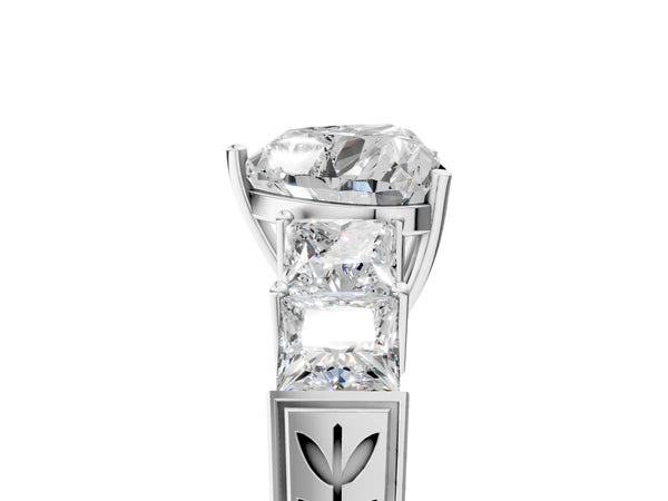 White gold Heart Solitaire Princess Side Stone Engraved Band Prong Setting Ring