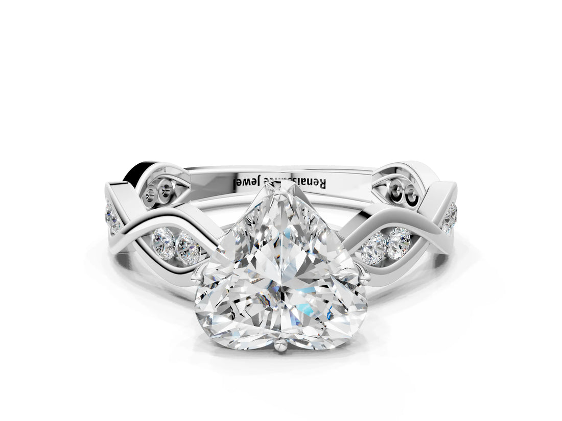 White gold Heart Solitaire Twist Band with Leaf Prong Setting