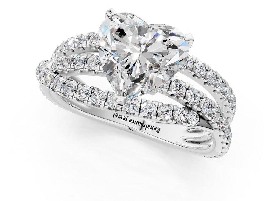 White gold Heart Solitaire Twist Band with Pavé Setting and Four-Prong Setting