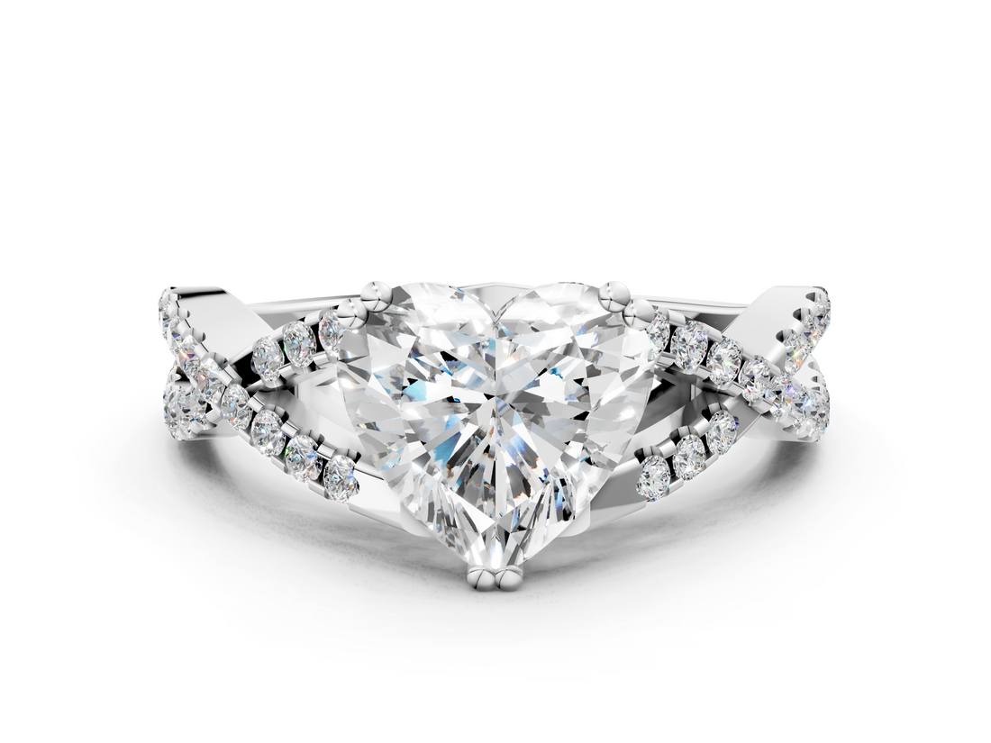 White gold Heart Solitaire Twist Band with Pavé Setting and Four-Prong Setting_30