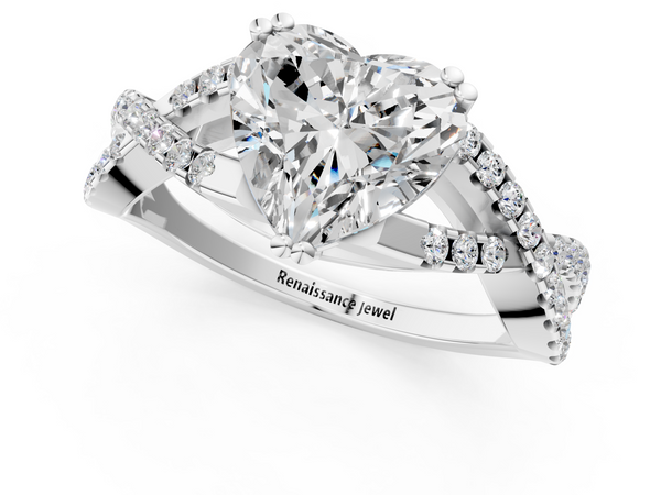 White gold Heart Cut Diamond Solitaire Ring with Four-Prong Setting and Twisted Pavé Band