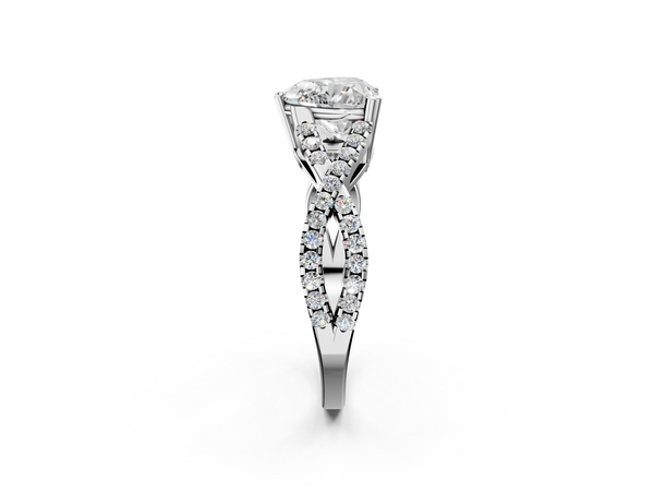 White gold Heart Cut Diamond Solitaire Ring with Four-Prong Setting and Twisted Pavé Band