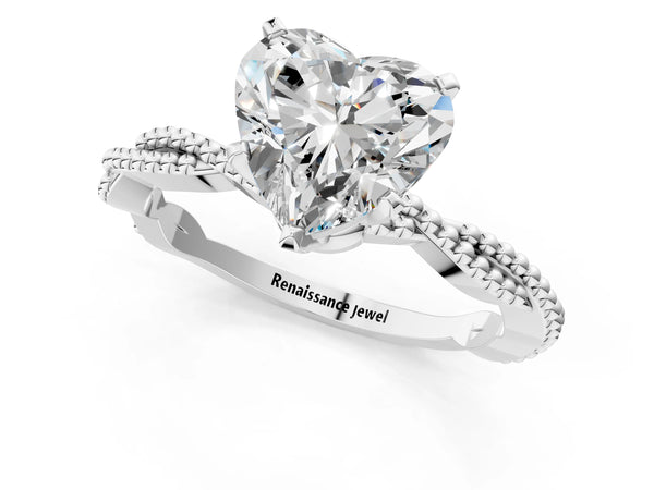 White Gold Heart-Shaped Solitaire Engagement Ring Setting with Beaded Twist Band and Basket Head