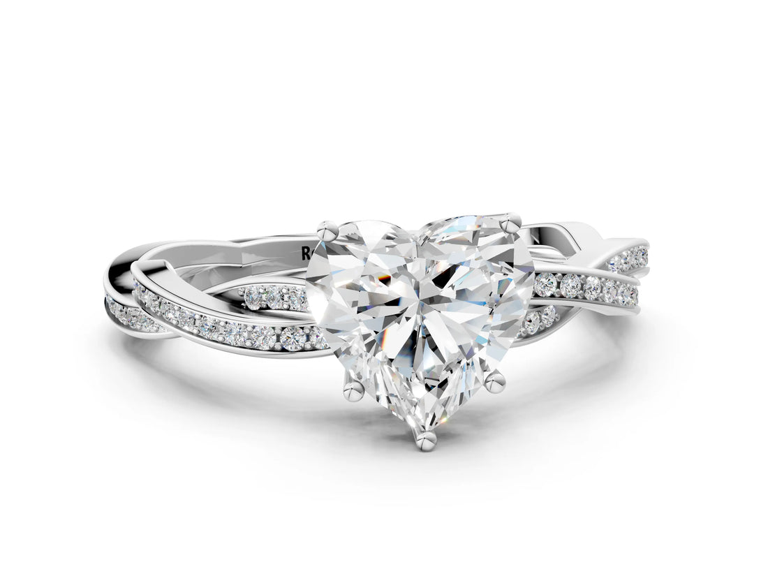 White gold Heart Solitaire Twisted Pave Diamond Ring with Four-Prong Setting_12