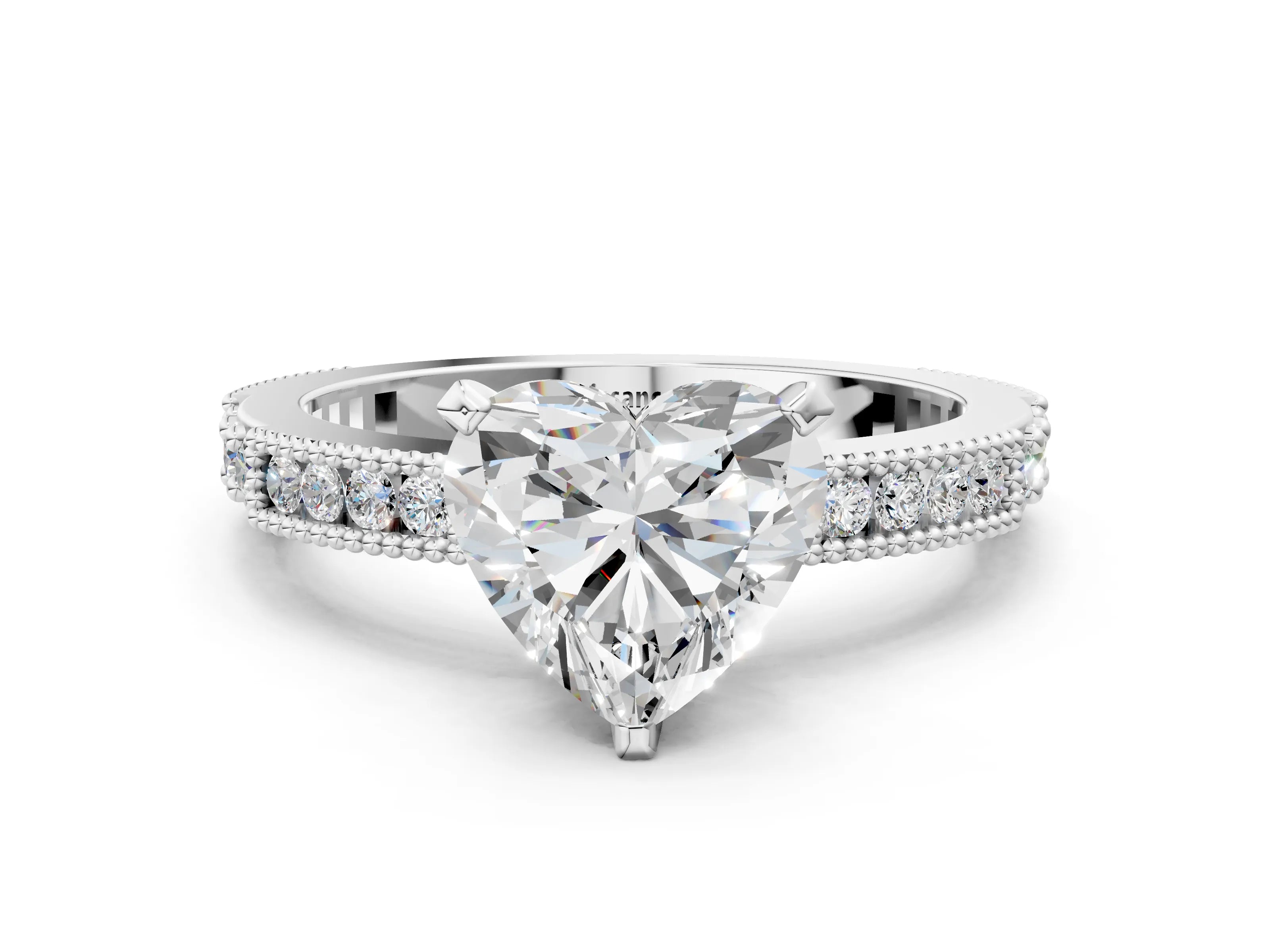 White gold Heart Solitaire with Pavé Band and Four-Prong Setting