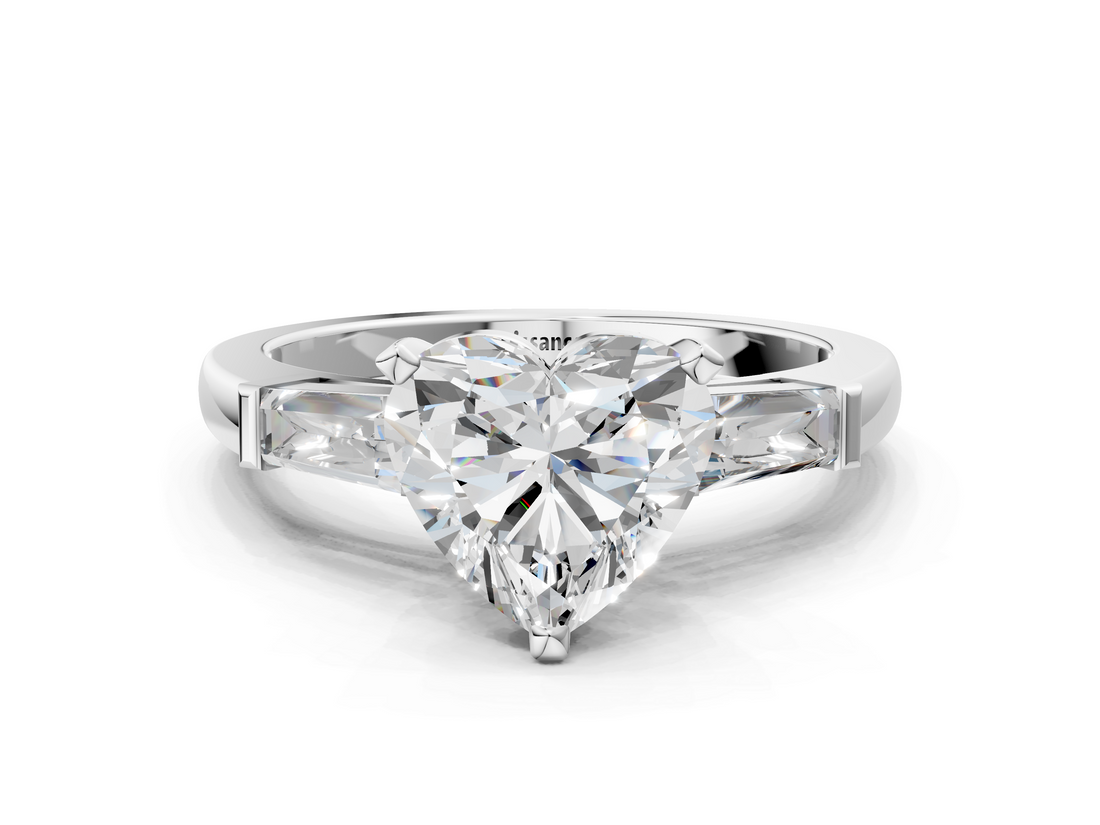 White gold Heart Solitaire with Tapered Baguette Side Stones on a Classic Band with Four-Prong Setting_128