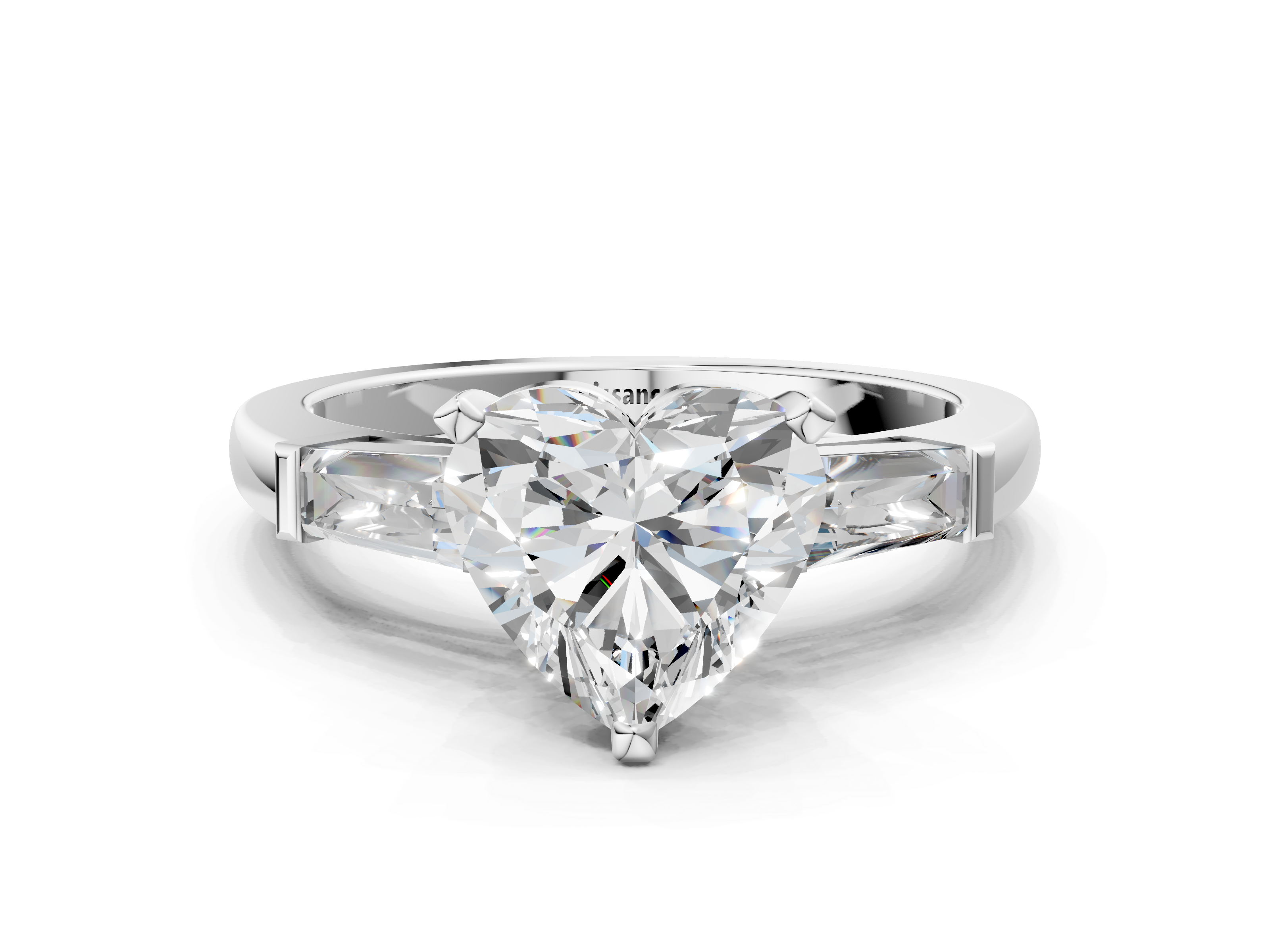 White gold Heart Solitaire with Tapered Baguette Side Stones on a Classic Band with Four-Prong Setting_135