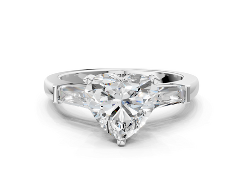 White gold Heart Solitaire with Tapered Baguette Side Stones on a Classic Band with Four-Prong Setting_135