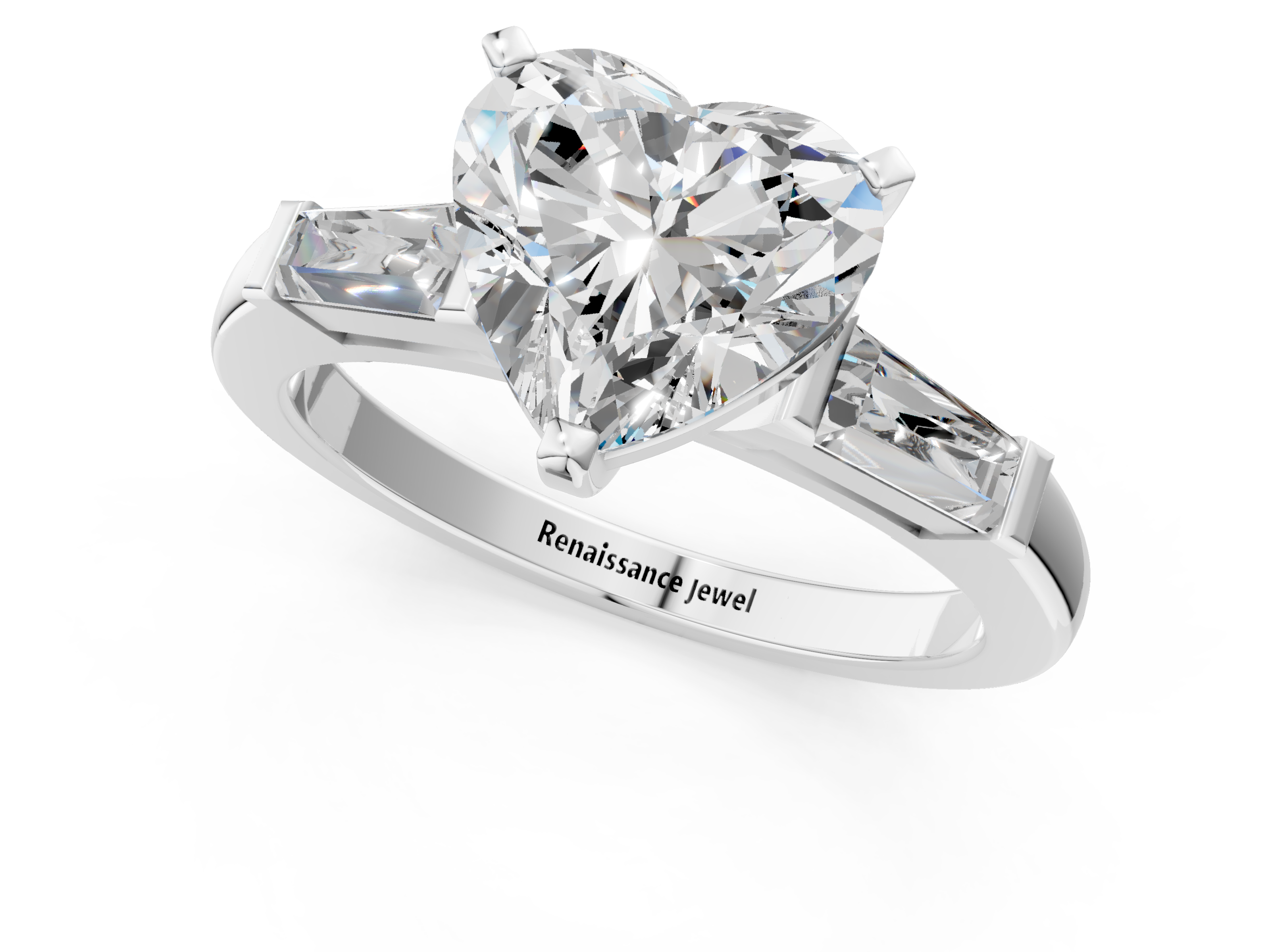 White gold Heart Solitaire with Tapered Baguette Side Stones on a Classic Band with Four-Prong Setting_136