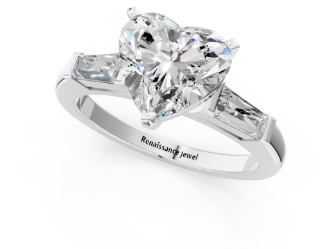 White gold Heart Solitaire with Tapered Baguette Side Stones on a Classic Band with Four-Prong Setting_136