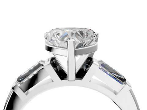 White gold Heart Solitaire with Tapered Baguette Side Stones on a Classic Band with Four-Prong Setting_139