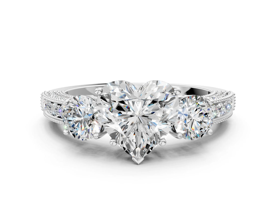 White gold Heart Three-Stone Diamond Ring with Pavé Band and Four-Prong Setting_6