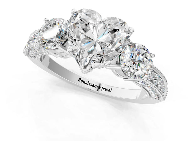 Platinum Heart-Shaped Graduated Three Stone Engagement Ring Setting