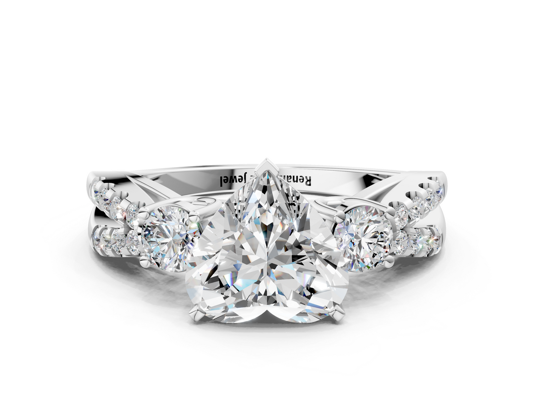 White gold Heart Three-Stone Diamond Ring with Pavé Split Shank and Four-Prong Setting_99