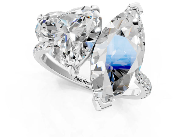 Platinum Heart and Marquise Toi Moi Ring with Prong Setting and Pave Band