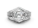 White gold Hexagon Bezel Asscher Cut Diamond Milgrain Split Shank Ring_7