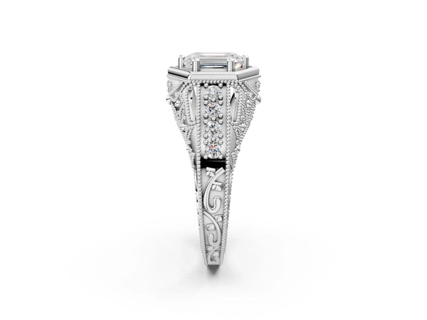 White gold Hexagon Bezel Emerald Cut Diamond Milgrain Split Shank Ring