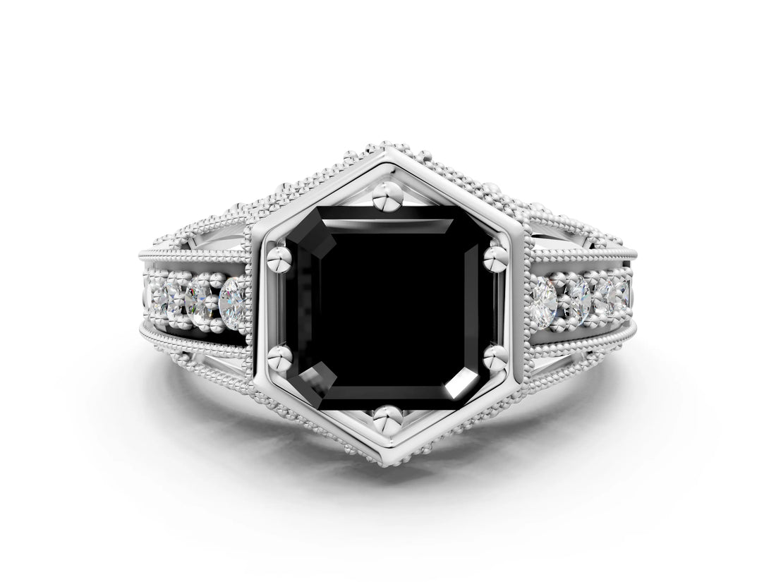 White gold Hexagon Bezel Fancy Black Asscher Cut Diamond Milgrain Split Shank Ring_12