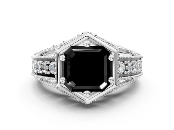 White gold Hexagon Bezel Fancy Black Asscher Cut Diamond Milgrain Split Shank Ring