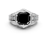 White gold Hexagon Bezel Fancy Black Asscher Cut Diamond Milgrain Split Shank Ring