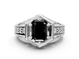 White gold Hexagon Bezel Fancy Black Emerald Cut Diamond Milgrain Split Shank Ring