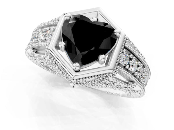 White gold Hexagon Bezel Fancy Black Heart Cut Diamond Milgrain Split Shank Ring
