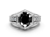 White gold Hexagon Bezel Fancy Black Oval Cut Diamond Milgrain Split Shank Ring