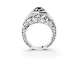 White gold Hexagon Bezel Fancy Black Oval Cut Diamond Milgrain Split Shank Ring_3