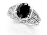 White gold Hexagon Bezel Fancy Black Oval Cut Diamond Milgrain Split Shank Ring_49