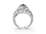 White gold Hexagon Bezel Fancy Black Oval Cut Diamond Milgrain Split Shank Ring_51