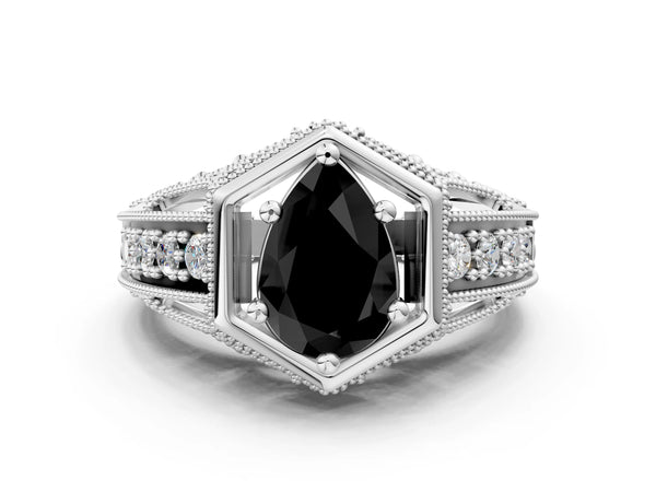 White gold Hexagon Bezel Fancy Black Pear Cut Diamond Milgrain Split Shank Ring