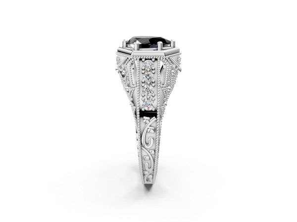 White gold Hexagon Bezel Fancy Black Pear Cut Diamond Milgrain Split Shank Ring
