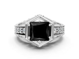 White gold Hexagon Bezel Fancy Black Princess Cut Diamond Milgrain Split Shank Ring