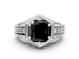 White gold Hexagon Bezel Fancy Black Radiant Cut Diamond Milgrain Split Shank Ring