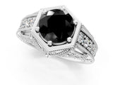 White gold Hexagon Bezel Fancy Black Round Cut Diamond Milgrain Split Shank Ring_1