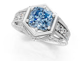 White gold Hexagon Bezel Fancy Blue Cushion Cut Diamond Milgrain Split Shank Ring_1