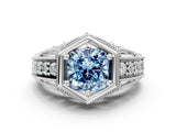 White gold Hexagon Bezel Fancy Blue Cushion Cut Diamond Milgrain Split Shank Ring_48