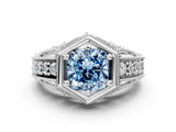 White gold Hexagon Bezel Fancy Blue Cushion Cut Diamond Milgrain Split Shank Ring
