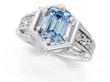 White gold Hexagon Bezel Fancy Blue Emerald Cut Diamond Milgrain Split Shank Ring_1