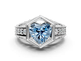 White gold Hexagon Bezel Fancy Blue Heart Cut Diamond Milgrain Split Shank Ring