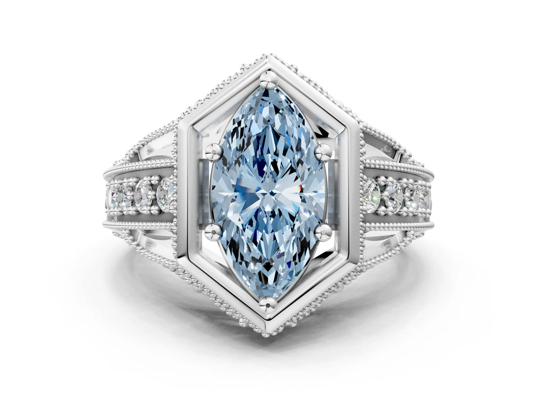 White gold Hexagon Bezel Fancy Blue Marquise Cut Diamond Milgrain Split Shank Ring