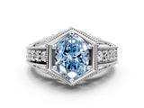 White gold Hexagon Bezel Fancy Blue Oval Cut Diamond Milgrain Split Shank Ring