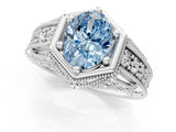White gold Hexagon Bezel Fancy Blue Oval Cut Diamond Milgrain Split Shank Ring_1