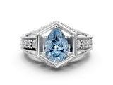 White gold Hexagon Bezel Fancy Blue Pear Cut Diamond Milgrain Split Shank Ring