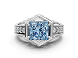 White gold Hexagon Bezel Fancy Blue Princess Cut Diamond Milgrain Split Shank Ring